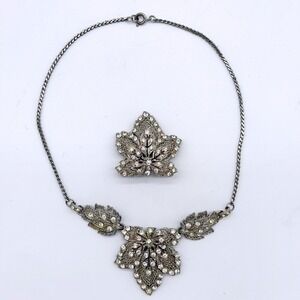 Vintage Rhinestone Leaf Necklace Brooch Set Silver Tone Filigree Maple Leaf